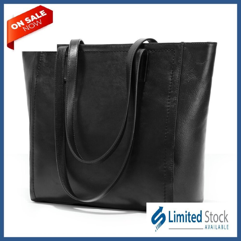 Large Genuine Leather Tote Bag with Laptop Sleeve & Luggage Strap